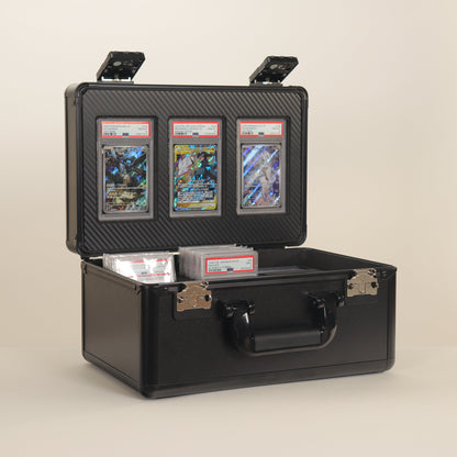 Black protective case with compartments for collectible cards on a beige background