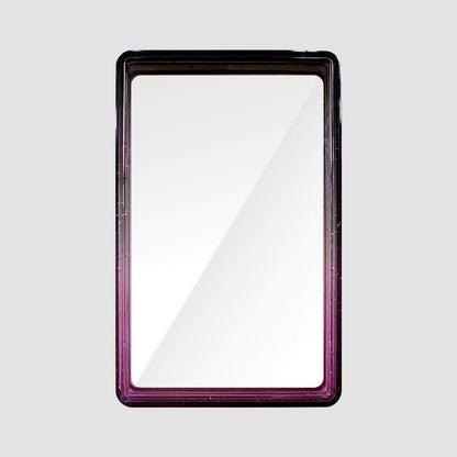 Rectangular trading card case with a black and purple frame on a white background